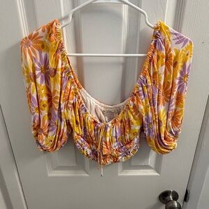 L*Space Orange Yellow Puff Sleeve Ruched Crop Blouse